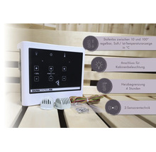 Karibu saunabediening FIN met digitaal touchdisplay, twee sensoren en aansluitkabels voor een houten saunawand.