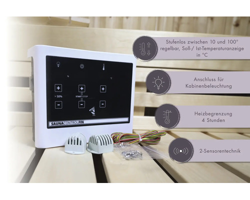 Karibu saunabediening FIN met digitaal touchdisplay, twee sensoren en aansluitkabels voor een houten saunawand.