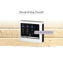 Sauna-besturingseenheid Easy Fins met digitaal display voor temperatuur en tijd, afmetingen 23,5 bij 7,5 bij 19,5 centimeter.