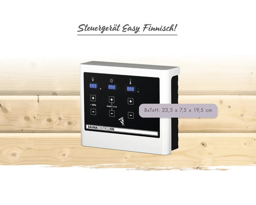 Sauna-besturingseenheid Easy Fins met digitaal display voor temperatuur en tijd, afmetingen 23,5 bij 7,5 bij 19,5 centimeter.