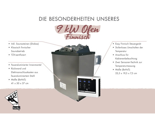 Karibu 9 kilowatt Finse saunakachel inclusief saunastenen en digitaal bedieningspaneel.