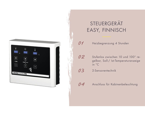 Digitale saunabesturing voor Finse sauna's met temperatuurweergave tussen 10 en 100 graden Celsius, verwarmingsbegrenzing en lichtaansluiting.