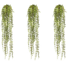 Drie kunsthangplanten met vele kleine groene bladeren aan lange ranken.