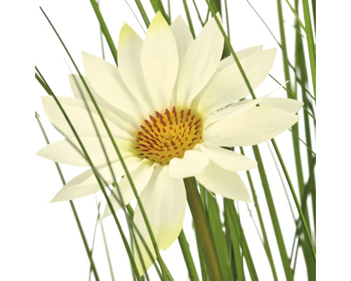 Kunstwaterlelie met witte bloembladen, geel hart en groene grassprieten.