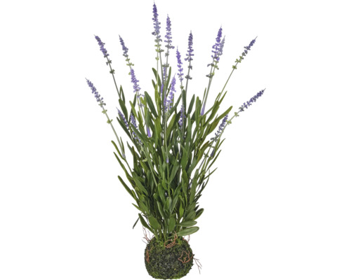 Kunstlavendelplant in een mosbal met groene bladeren en paarse bloemaren.