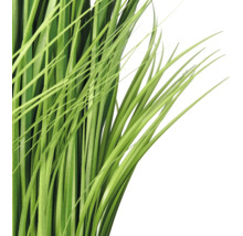 Detailopname van lange, groene sprieten van een kunstplant of siergras.