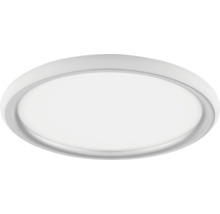Ronde, platte LED-plafondlamp met witte rand.
