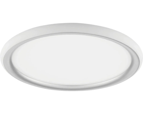 Ronde, platte LED-plafondlamp met witte rand.