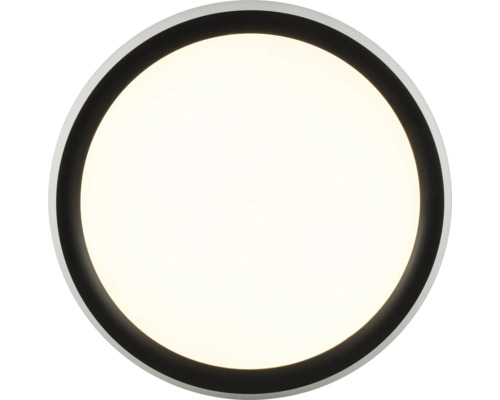Ronde plafondlamp met een zwart frame.