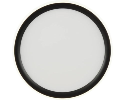 Ronde led-plafondlamp met een zwarte rand en een witte diffuser.