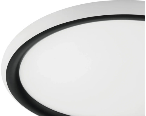 Detailopname van een ronde plafondlamp met zwarte rand en witte diffusor.
