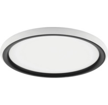 Ronde, platte LED plafondlamp met een zwarte binnenring en een witte behuizing.