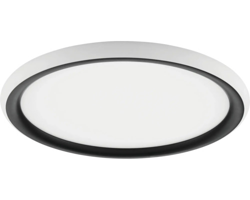 Ronde, platte LED plafondlamp met een zwarte binnenring en een witte behuizing.