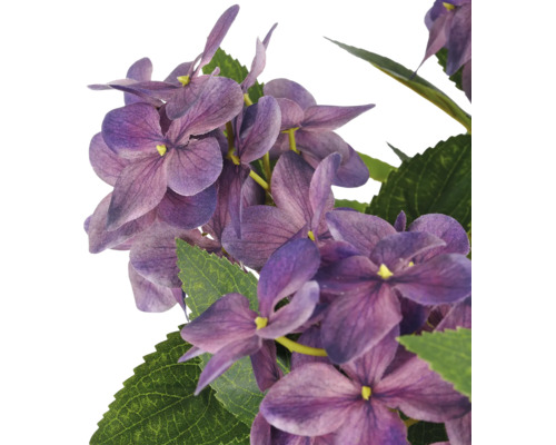 Kunstmatige hortensia met paarse bloemen en groene bladeren.