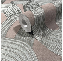 Gestructureerd behang met abstract golfpatroon in grijs en taupe.
