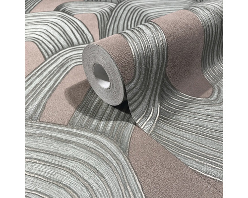 Gestructureerd behang met abstract golfpatroon in grijs en taupe.