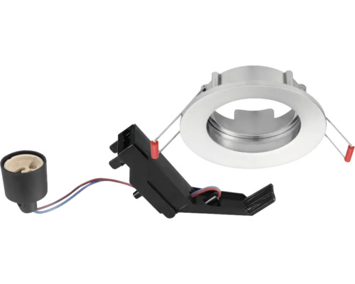 Inbouwspot van metaal met fitting voor GU10 lichtbron en aansluitdoos.