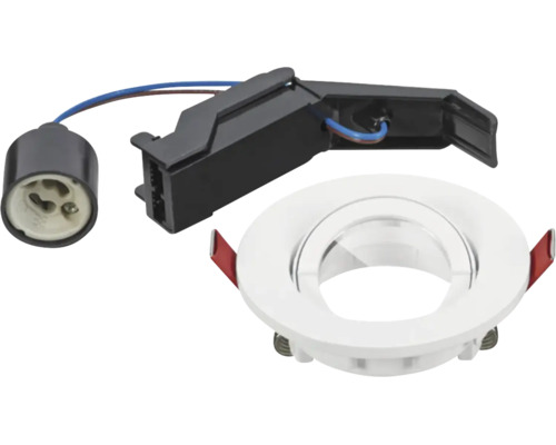 Inbouwspot set bestaande uit een wit inbouwarmatuur, GU10 fitting en aansluitbox.