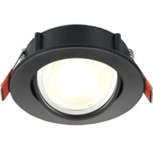 Zwarte LED-inbouwspot, rond, met metalen veren voor bevestiging.