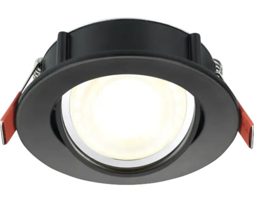 Zwarte LED-inbouwspot, rond, met metalen veren voor bevestiging.