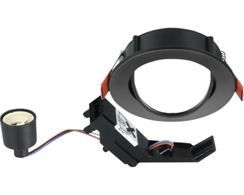 Zwart inbouwspot armatuur met GU10 fitting en aansluitdoos, inclusief bevestigingsveren.
