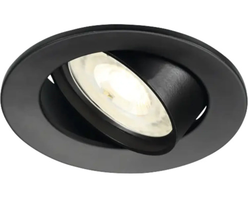 Kantelbare inbouwspot rond in zwart met zichtbare lichtbron.