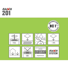 Akkit Logo, GEV-EMICODE EC 1 PLUS zegel, mengtijd 3 minuten, voor vloerverwarming, begaanbaar na circa 3 uur, stofarm, egalisatiemiddel CT C20 F7.