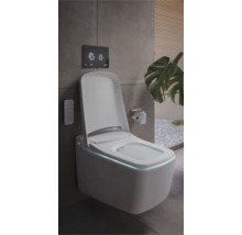 Hangend douche-WC met open deksel, verlichte rand, afstandsbediening en bedieningspaneel in een moderne badkamer.