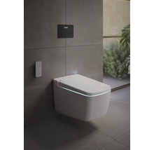 Moderne badkamer met wit douche-WC, bedieningspaneel met VitrA Logo en afstandsbediening. Minimalistisch ontwerp met tegels in steenlook.