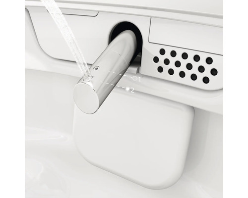 Detailweergave van een douche-toilet sproeiarm van metaal met actieve waterstraal en gemarkeerde instelposities.