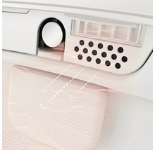 Detailweergave van een douche-wc met warmeluchtföhn en pijlen die de luchtstroom weergeven.