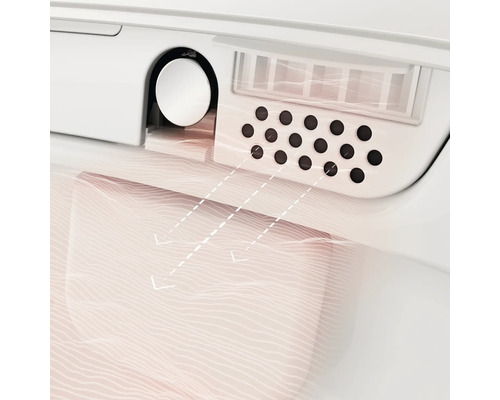 Detailweergave van een douche-wc met warmeluchtföhn en pijlen die de luchtstroom weergeven.