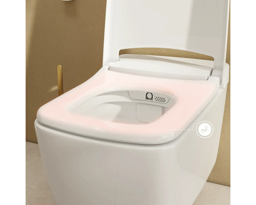 Douche-wc met open deksel en verwarmbare zitting.