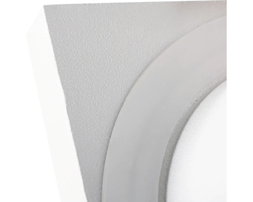 Detailopname van een witte plafondlijst van polystyreen met een gestructureerd oppervlak en een glad gebogen profiel.