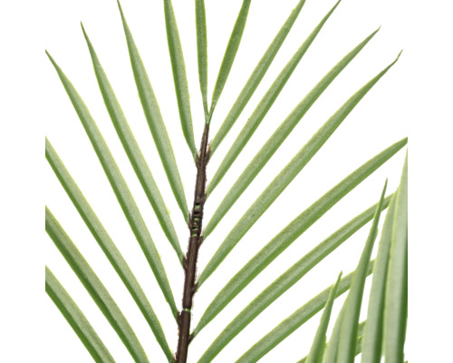 Detailopname van een tak van een kunstpalm met groene, puntige bladeren en een bruine stengel.