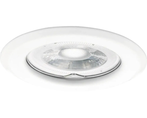 Ronde, platte LED-inbouwspot met witte rand en gestructureerde lens.