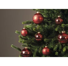 Rode kerstballen met gouden glitterlijnen in een versierde kerstboom.