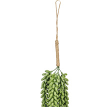 Kunstmatige vetplant om op te hangen met groene vlezige bladeren aan een jute touw met lus.