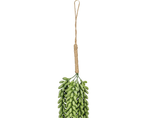 Kunstmatige vetplant om op te hangen met groene vlezige bladeren aan een jute touw met lus.