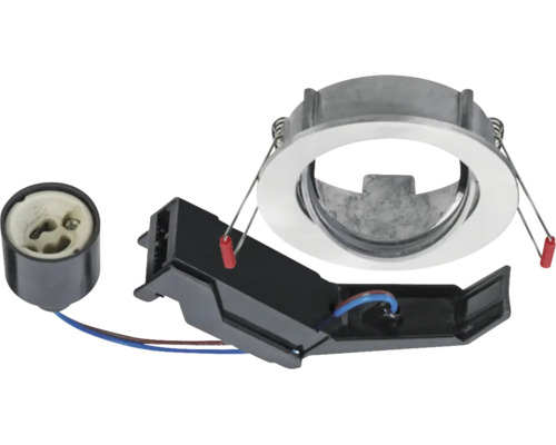 LED inbouwspotset met zilverkleurige metalen inbouwring, keramische GU10-fitting en zwarte kunststof aansluitdoos.