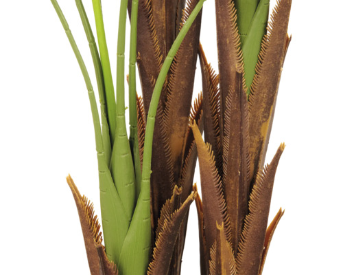 Detailweergave van de stammen van een kunstpalm met natuurgetrouwe bruine structuur en groene scheuten.