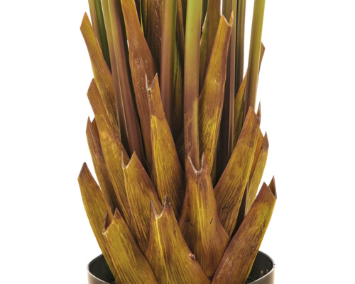 Detailopname van een kunstpalm met een gestructureerde stam van kunststof in een zwarte pot.