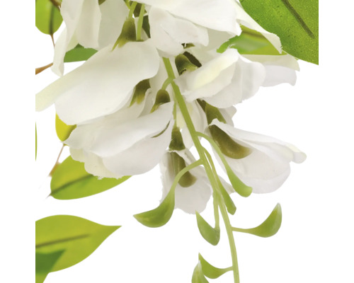 Kunstmatige blauweregen met witte textielbloemen en groene bladeren.