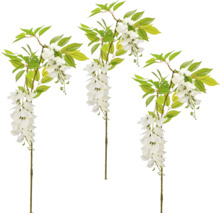 Kunstwisteria tak met witte bloemen en groene bladeren.