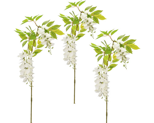 Kunstwisteria tak met witte bloemen en groene bladeren.