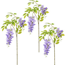 Drie kunstmatige blauweregen takken met groene bladeren en paarse bloemtrossen.