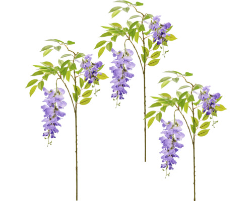Drie kunstmatige blauweregen takken met groene bladeren en paarse bloemtrossen.