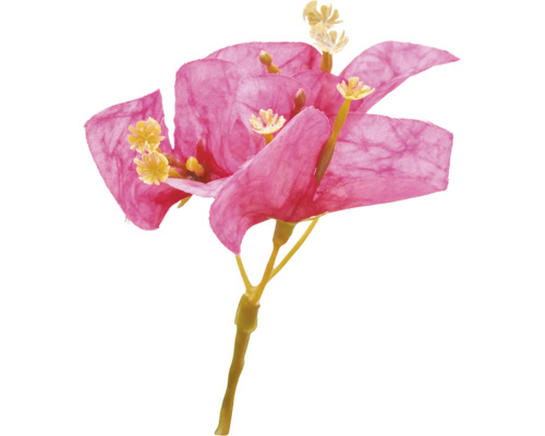 Kunstbloem van textiel met roze bloembladen, gele meeldraden en een groene steel.