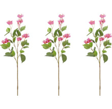 Drie kunstmatige bougainvillea takken met roze bloemen en groene bladeren.
