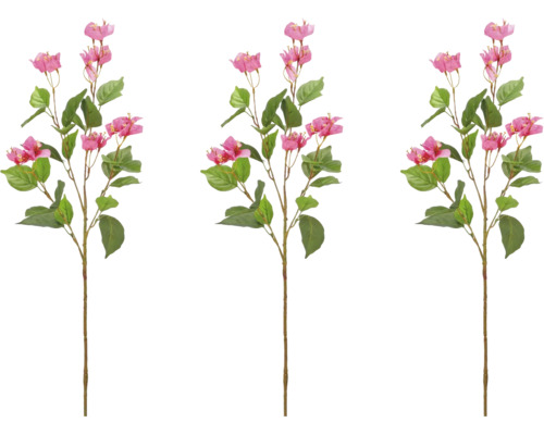 Drie kunstmatige bougainvillea takken met roze bloemen en groene bladeren.